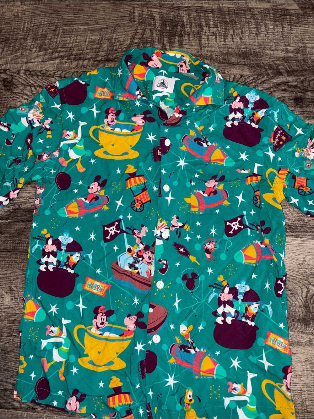 Disney Teal Disney Character Button-Up Shirt Men’s Small